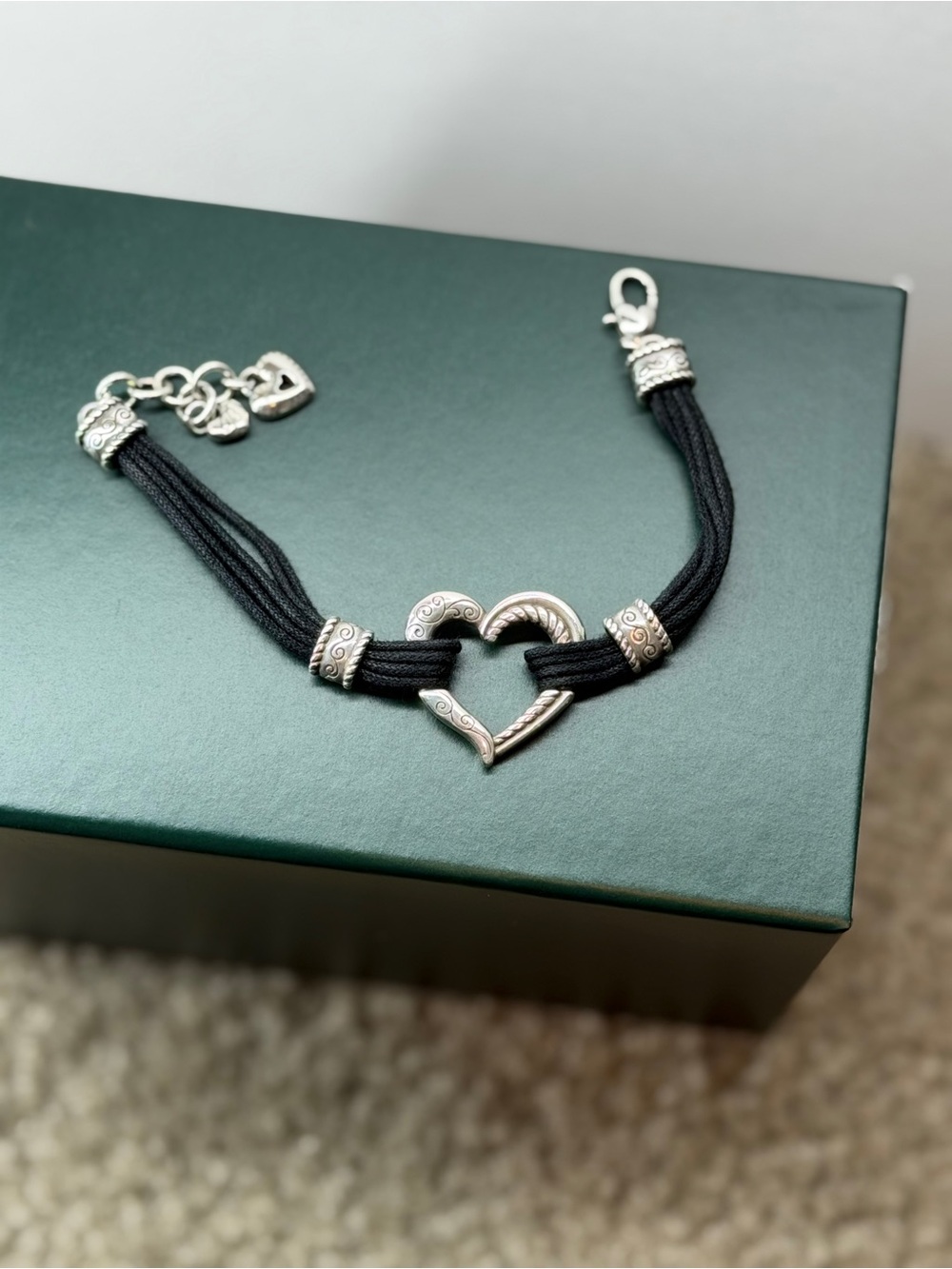 Brighton Heritage Heart Black Cord Bracelet Silver Plated Open Heart Scrollwork